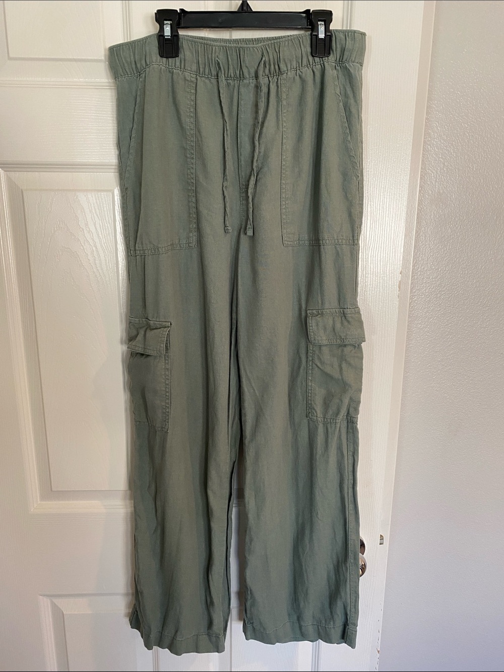 Relaxed Olive Green Linen Blend Cargo Pants with Drawstring Waist